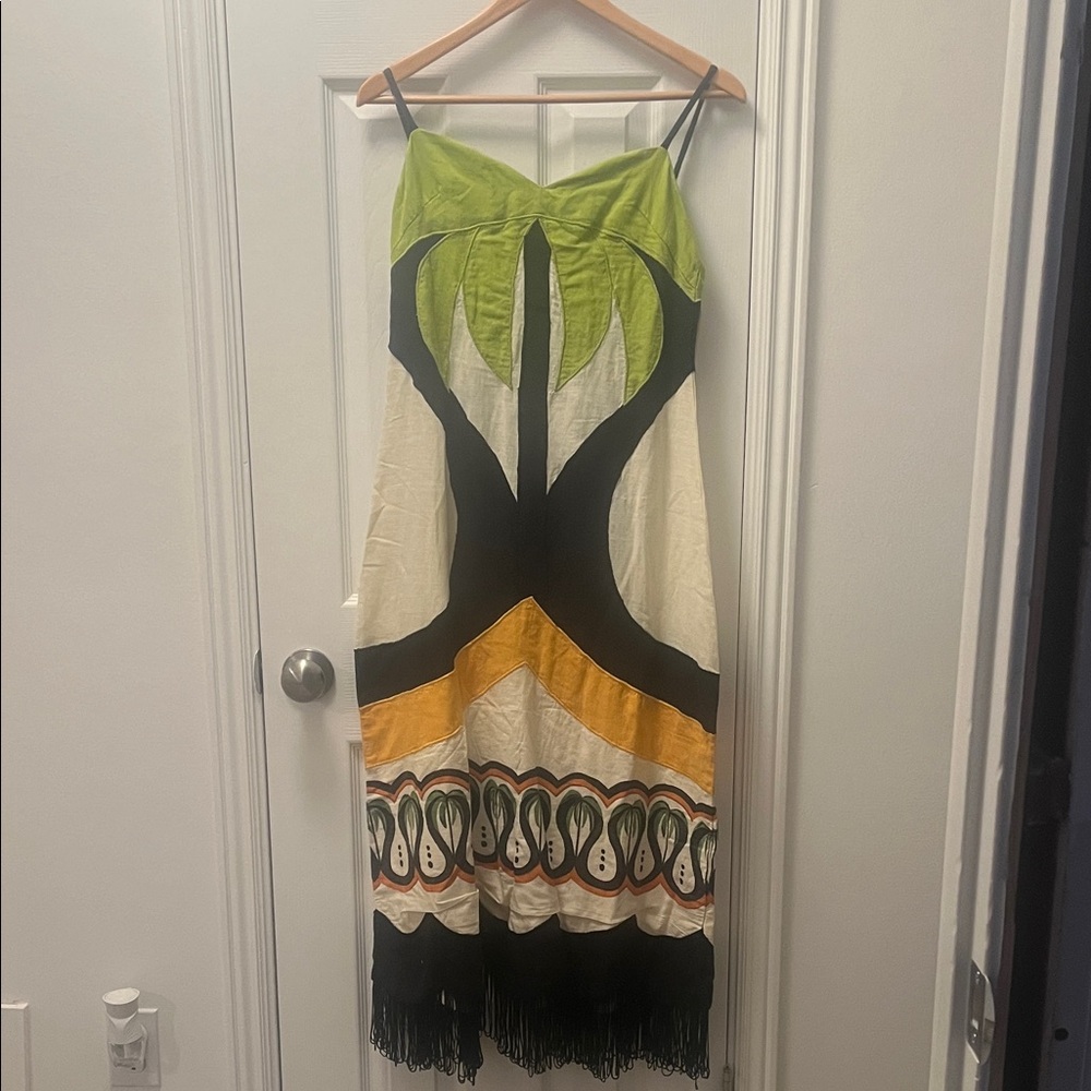 FARM Rio Green, Black & Yellow Midi Dress with Fringe
